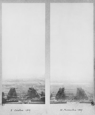 Two views of the construction of the Eiffel Tower, Paris, 8th October and 10th November 1887 by French Photographer